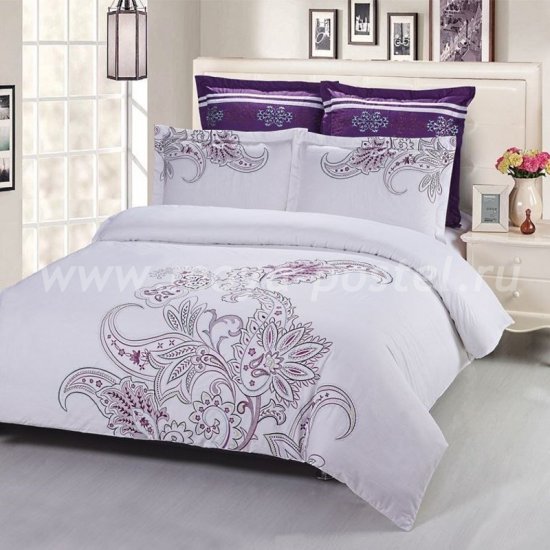Евро комплект бело-фиолетового постельного белья Kingsilk C-55-3 с вышивкой в интернет-магазине Моя постель