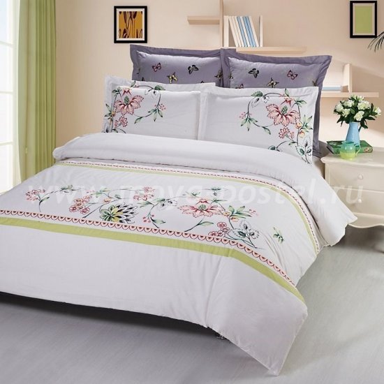 Полуторное постельное белье Kingsilk C-59-1 из белого сатина с цветочной вышивкой в интернет-магазине Моя постель
