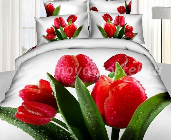 Кпб сатин Семейный 2 наволочки (букет красных тюльпанов) в интернет-магазине Моя постель