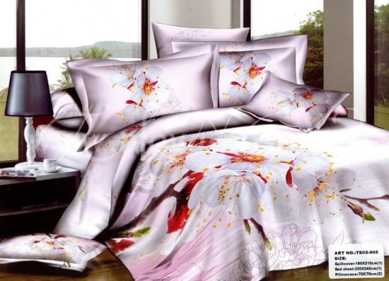 Кпб сатин Евро 2 наволочки (цветы вишни на лиловом) в интернет-магазине Моя постель