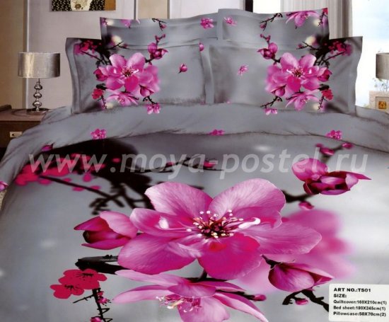 Кпб сатин евро 4 наволочки (розовый цветок на сером) в интернет-магазине Моя постель