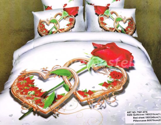 Полуторное постельное белье сатин 70*70 (два сердца и роза) в интернет-магазине Моя постель