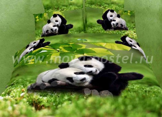 Двуспальное постельное белье сатин TS02-205-70 (панды на лужайке) в интернет-магазине Моя постель