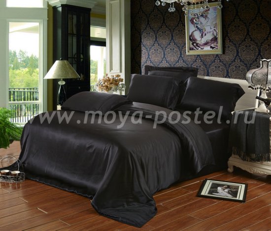 Шелковый комплект "Черный" с простыней на резинке, евро в интернет-магазине Моя постель