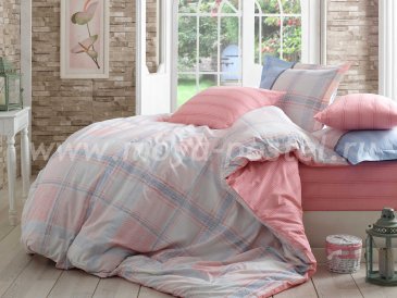 Розовое постельное белье «CARMELA» с голубой клеткой, поплин, двуспальное в интернет-магазине Моя постель