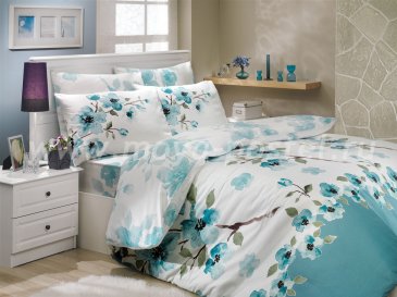 Бирюзовое постельное белье из ранфорса «ROSALINDA» с цветами, двуспальное в интернет-магазине Моя постель