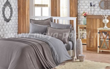 Серое постельное белье с покрывалом и кружевом «NATURAL», поплин, евро в интернет-магазине Моя постель