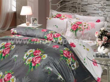 Темное-серое постельное белье из поплина «CALVINA» с яркими розовыми цветами, полуторное в интернет-магазине Моя постель