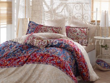 Кремовое постельное белье «CATERINA» с красными орнаментальными полосами, сатин, полутороспальное в интернет-магазине Моя постель