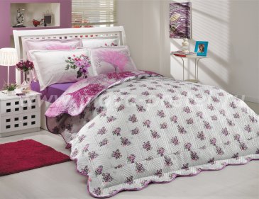 Розовое с фиолетовым постельное белье с двусторонним стеганым покрывалом «PARIS SPRING-JUILLET», двуспальное в интернет-магазине Моя постель