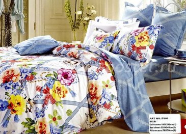 Постельное белье евро стандарта сатин 2 наволочки (цветы и голубые ленты) в интернет-магазине Моя постель
