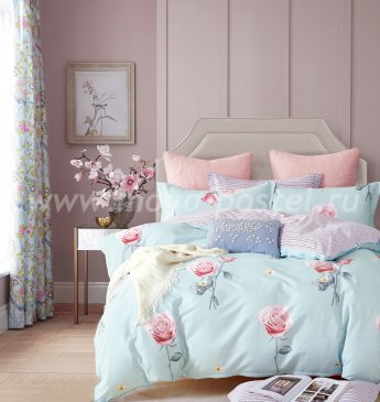 Двуспальное постельное белье Twill 70*70 (розы на голубом) в интернет-магазине Моя постель